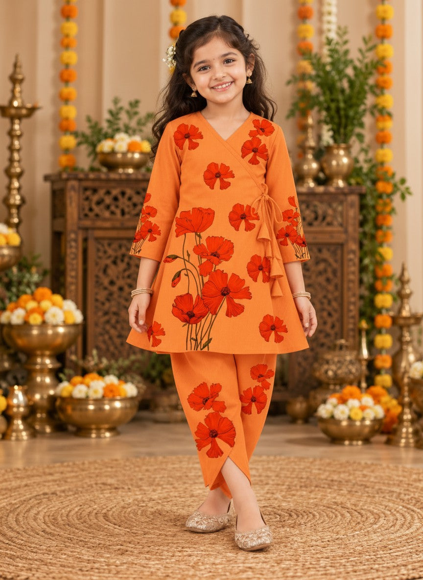 Girls' Orange Cotton Kurti with Tulip pant Set – Printed