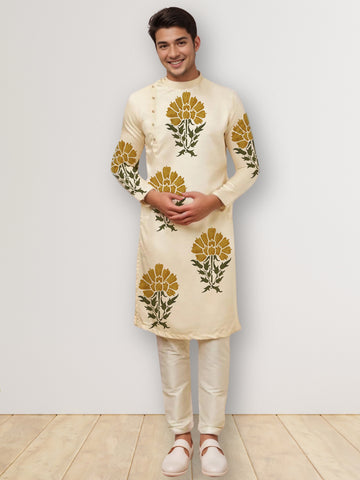 [MGSP-B] Men's Beige Ethnic Print Side Placket Cotton Kurta Set