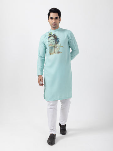 [MGSP-B] Men's Green Lord Krishna Print Side Placket Cotton Kurta Set