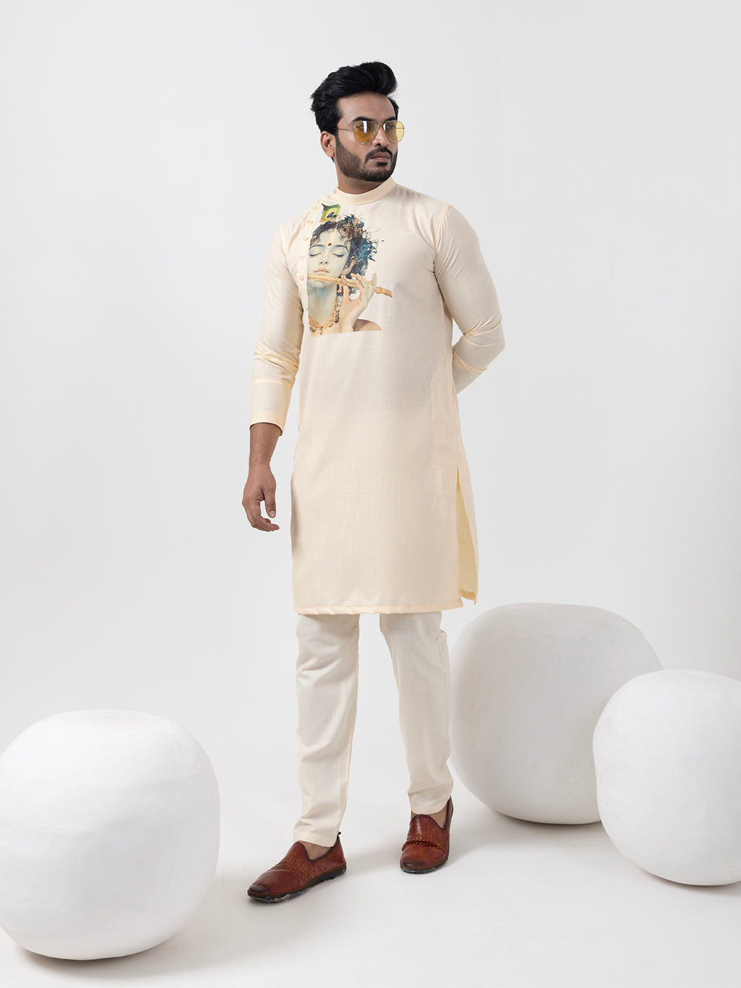 Mens Beige Side Placket Printed Kurta With Pyjama Set