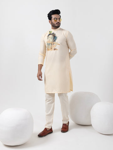 Mens Beige Side Placket Printed Kurta With Pyjama Set
