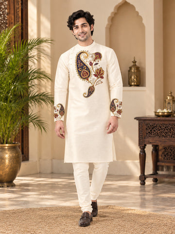 Men's Off-White Art Silk Kurta Pyjama Set – Ethnic Print & Side Placket