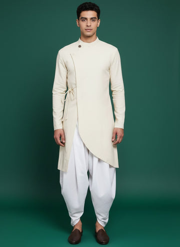 Men's Beige Cotton Kurta Set – Solid & Side Placket