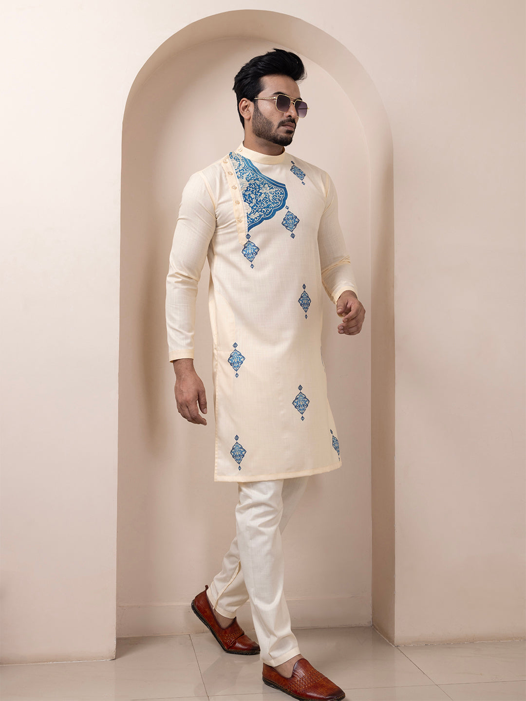 Men's Beige Cotton Kurta Set – Ethnic Print & Side Placket