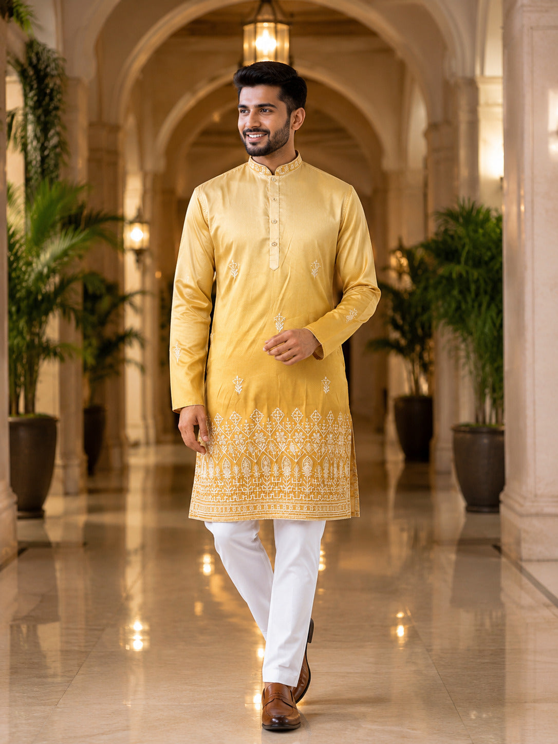 [NW] Men's Yellow Embroidered Cotton Silk Kurta Set