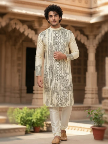 [MGSP-B] Men's Beige Ethnic Print Side Placket Cotton Kurta Set