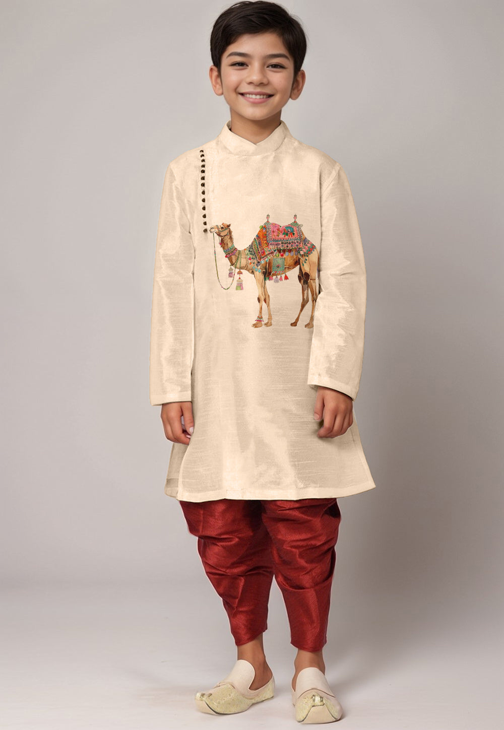 Boys Beige Printed Kurta With Dhoti
