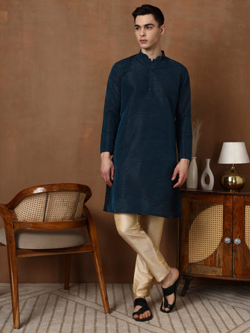 Men Dupion Silk Straight Kurta With Pyjama Set