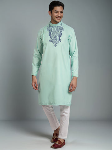 [MGSP-B] Men's Green Ethnic Print Side Placket Cotton Kurta Set