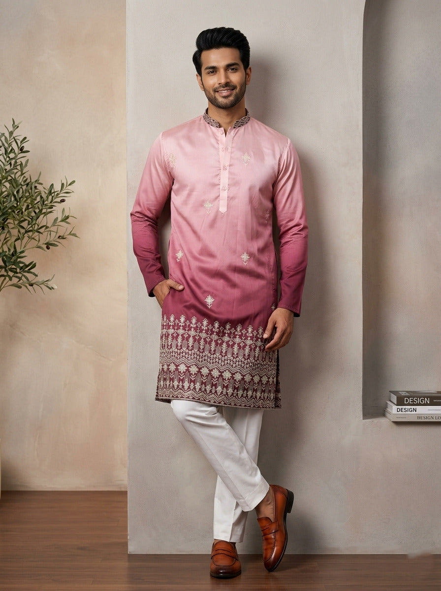 [NW] Men's Maroon Embroidered Cotton Silk Kurta Set