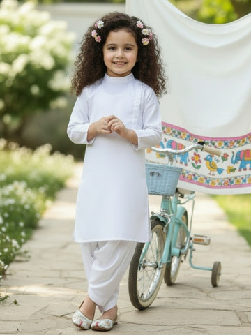 [DGKS-MG-B] Girls White Solid Side Placket cotton Kurti Set