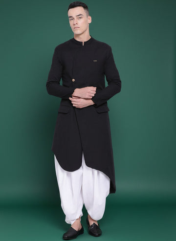 Men's Black Cotton Kurta Set – Solid & Side Placket