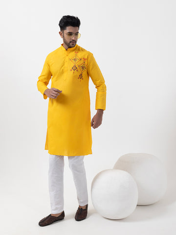 [CCSP] Men's Yellow Ethnic Print Cotton Kurta Set