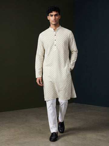 [PR] Men's Beige Ethnic Motif Cotton Kurta Set