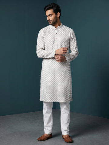 [PR] Men's White Ethnic Motif Cotton Kurta Set