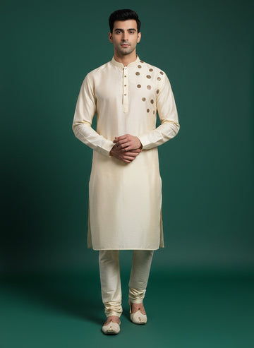 Men's Beige Silk Kurta Set – Ethnic Print & Side Placket