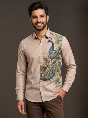 [DS-MGSP] Men's Beige Ethnic Printed Cotton Shirt