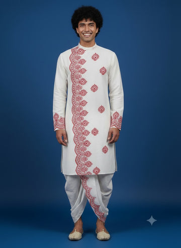 Men's White Cotton Kurta with Dhoti Set – Ethnic Print & Side Placket