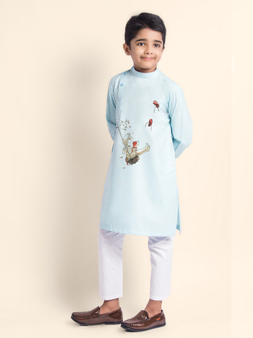 Boys Sky Blue Printed Kurta With Pyjama Set