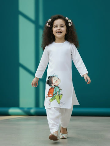 [DGKS-MGSP-RN] Girls White Ethnic Motifs Printed Cotton Kurti Set