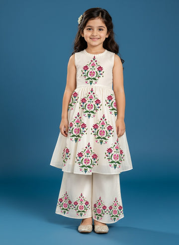 Girls' Off-White Art Silk Kurti Palazzo Set – Printed