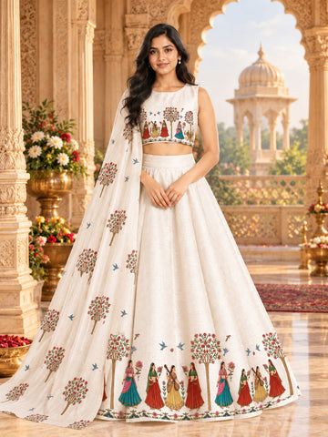 Women's Lehenga Off-White Art Silk Lehenga Set – Printed