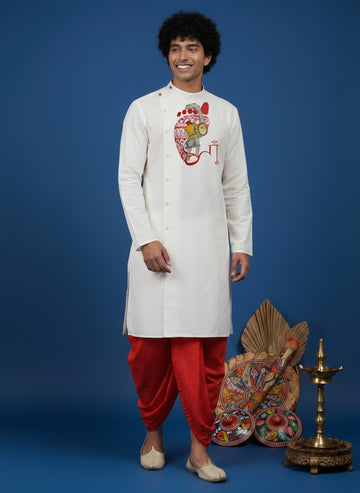Men's White Cotton Kurta with Dhoti Set – Ethnic Print & Side Placket