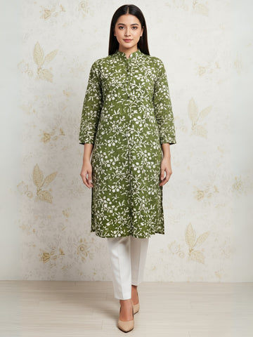 [DWKS-BT] Women Green Printed Cotton Kurti Set