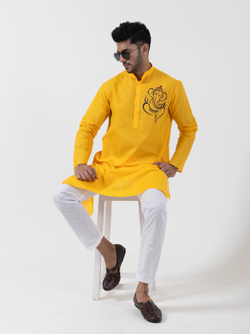 Mens Yellow Printed Kurta Pyjama Set