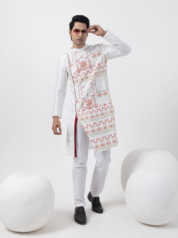 Men’s White Dupion Silk Kurta Pyjama with Printed Design