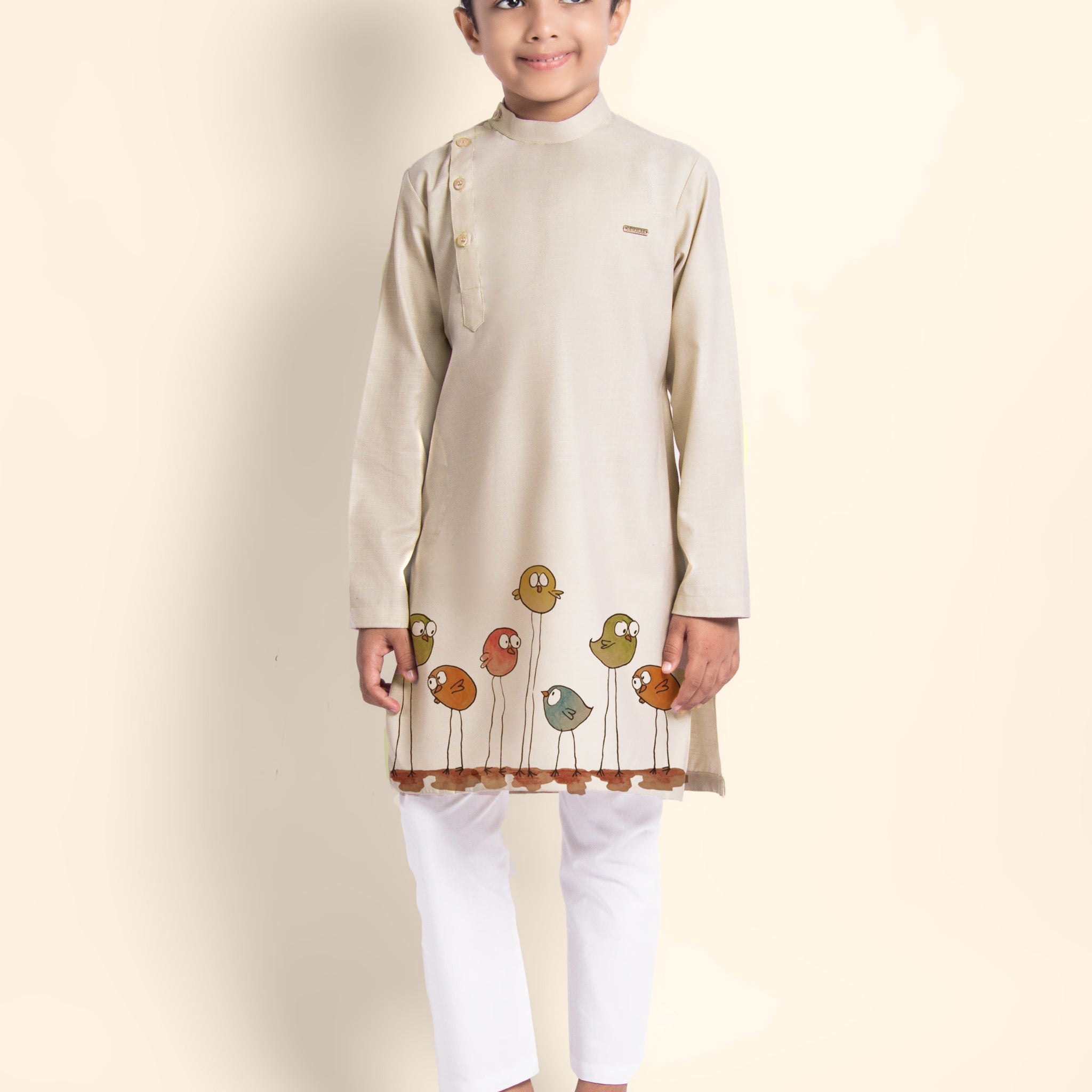 Boys Beige Printed Kurta With Pyjama