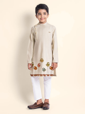 Boys Beige Printed Kurta With Pyjama