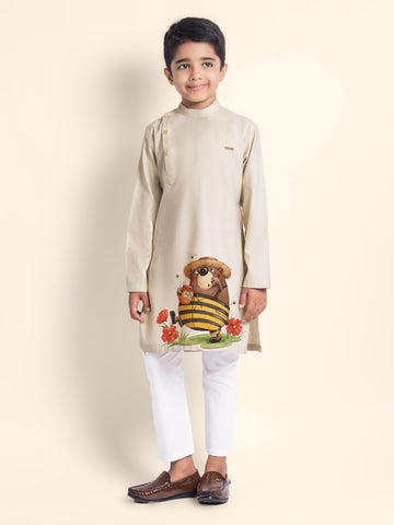 Boys Beige Printed Kurta With Pyjama
