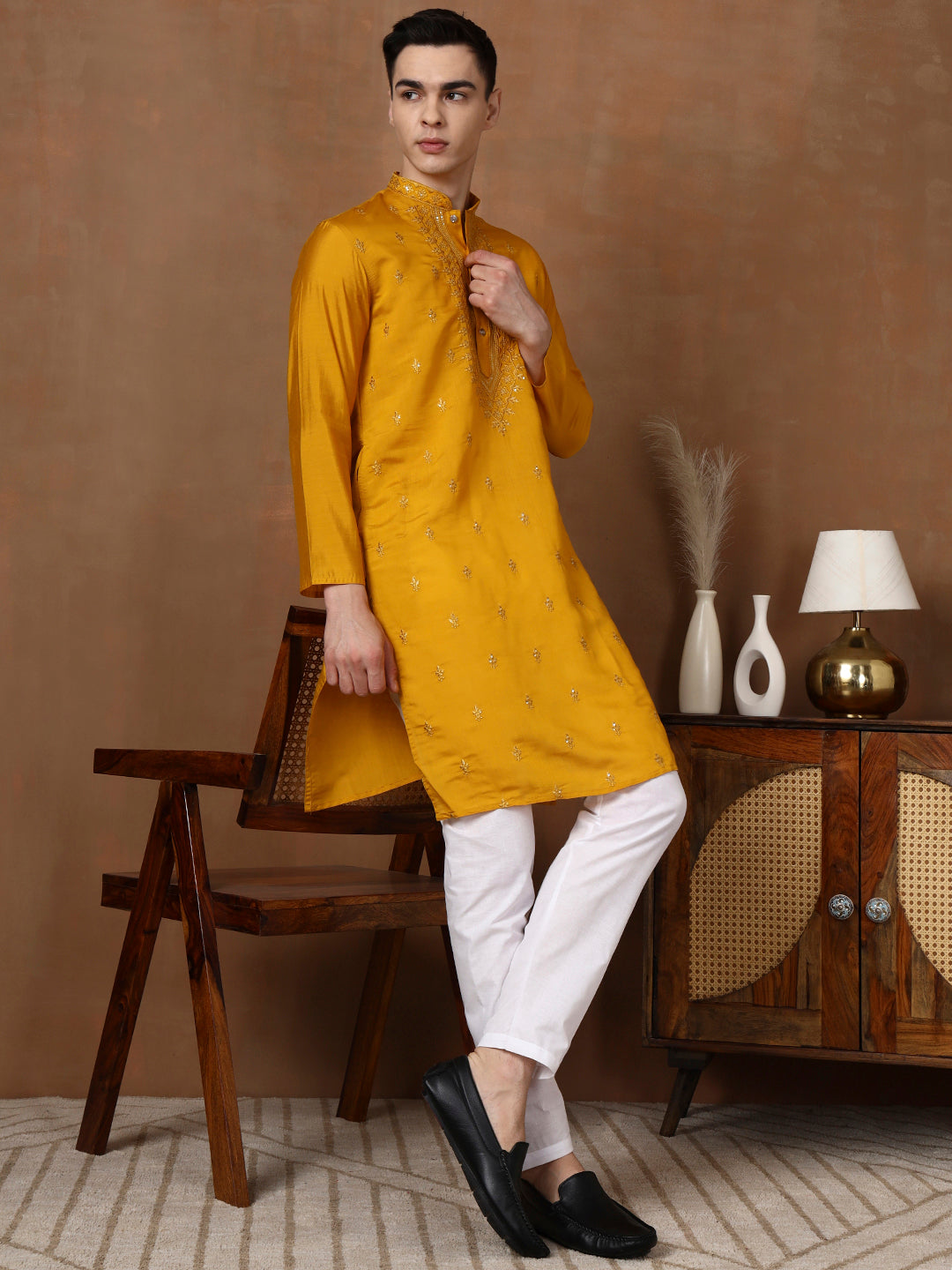 [MDE] Men's Mustard Mirror & Thread Work Modal Silk Kurta Set