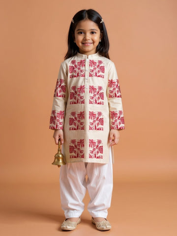 Girls' Beige Cotton Kurti Set – Ethnic Print