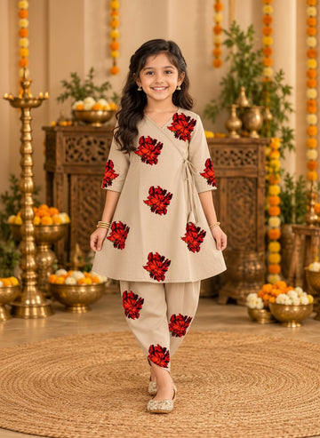 Girls' Beige Cotton Kurti with Tulip pant Set – Printed