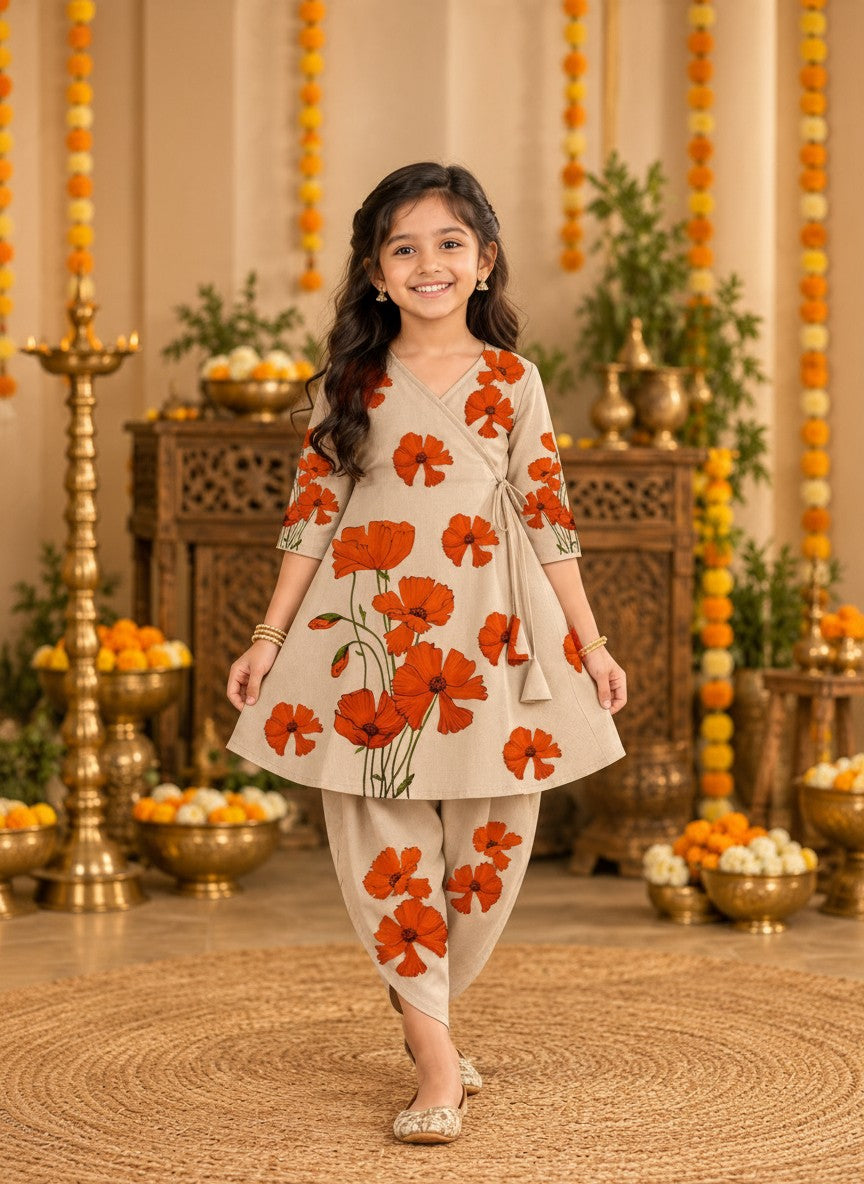 Girls' Beige Cotton Kurti with Tulip pant Set – Printed