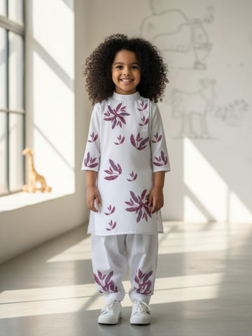 [DGKS-MGSP-B] Girls White Ethnic Motifs Printed Cotton Kurti Set