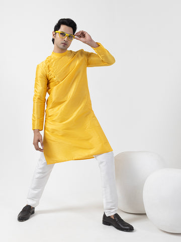 Men Solid Dupion Silk Angrakha Kurta With Pyjama Set