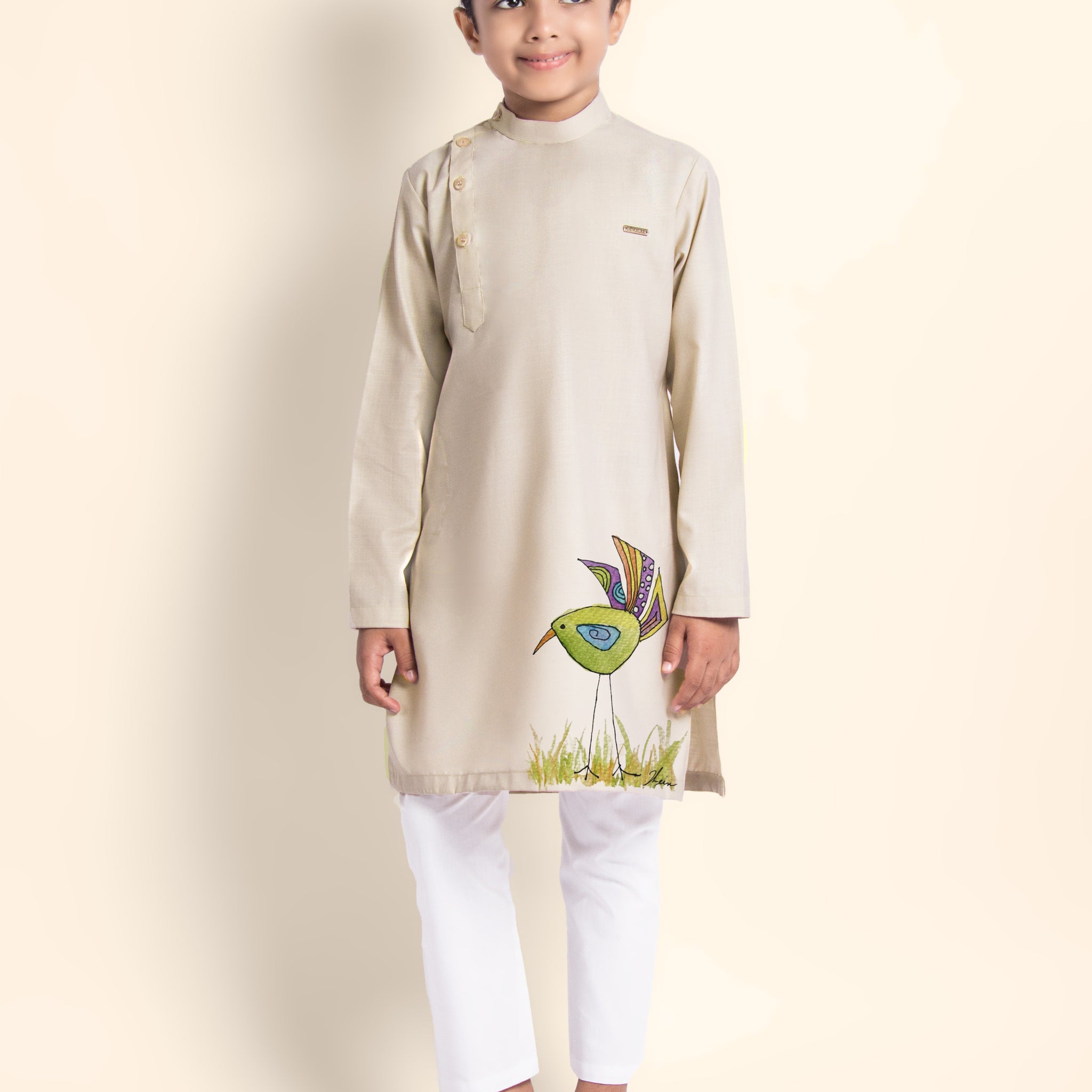 Boys Beige Printed Kurta With Pyjama