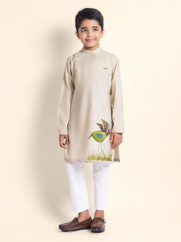 Boys Beige Printed Kurta With Pyjama