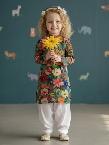 [DGKS-MGSP] Girls Multi Color Ethnic Motifs Printed Cotton Kurti Set