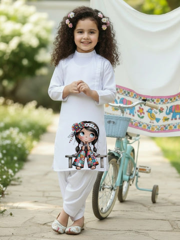 [DGKS-MGSP-B] Girls White Ethnic Motifs Printed Cotton Kurti Set