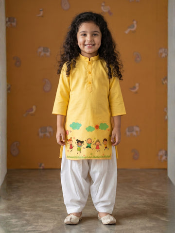 [DGKS-MGSP] Girls Yellow Ethnic Motifs Printed Cotton Kurti Set