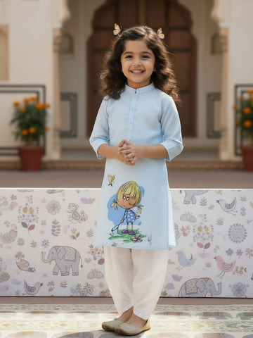 [DGKS-MGSP] Girls Sky Blue Ethnic Motifs Printed Cotton Kurti Set