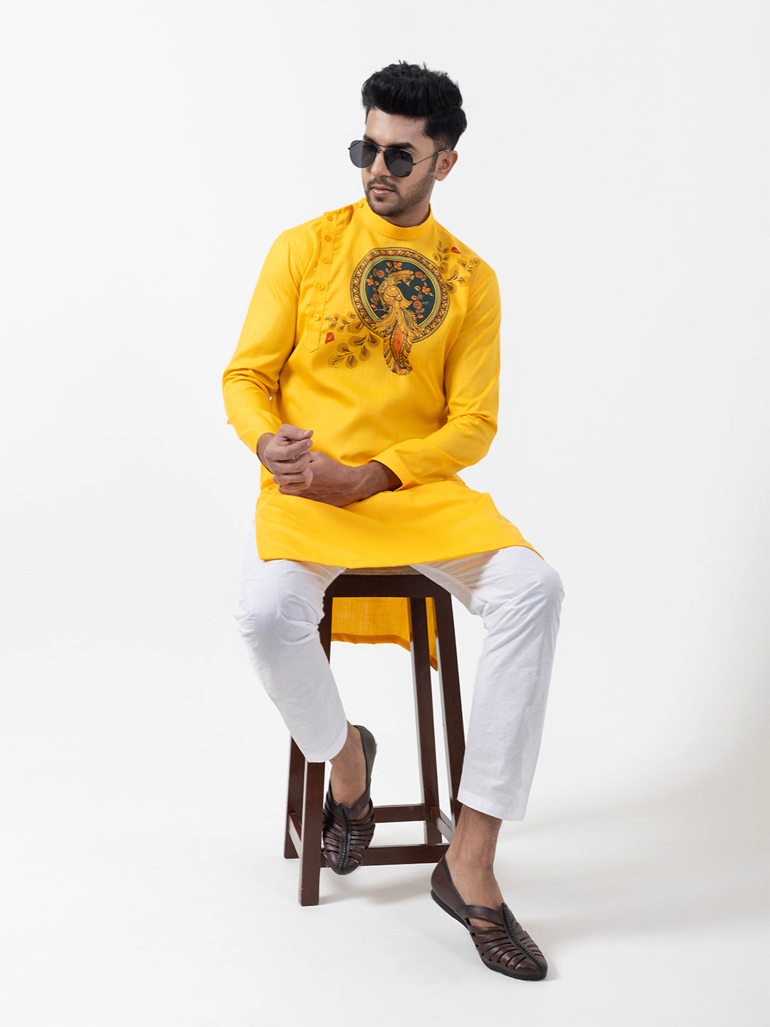 Mens Mustard Side Placket Printed Kurta-Pyjama Set