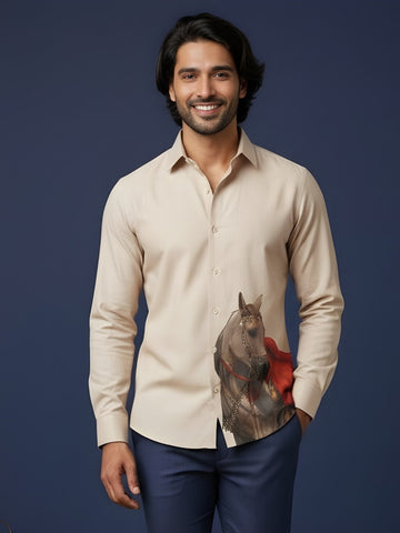 [DS-MGSP] Men's Beige Ethnic Printed Cotton Shirt