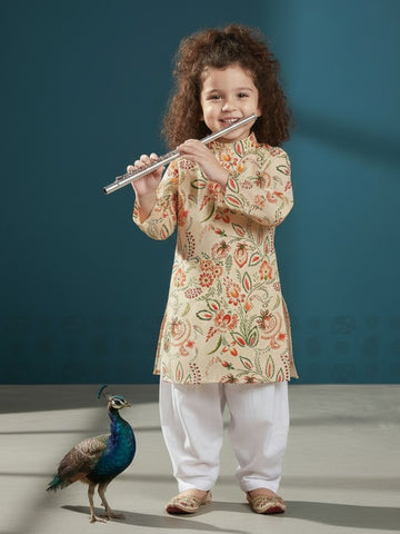 [DGKS-MGSP] Girls Beige Ethnic motifs Printed Cotton Kurti Set