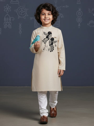 [DBKS-MGSP-B] Boy's Beige Ethnic motifs Print cotton kurta Set