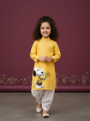 Girls' Yellow Cotton Kurti Set – Ethnic Print